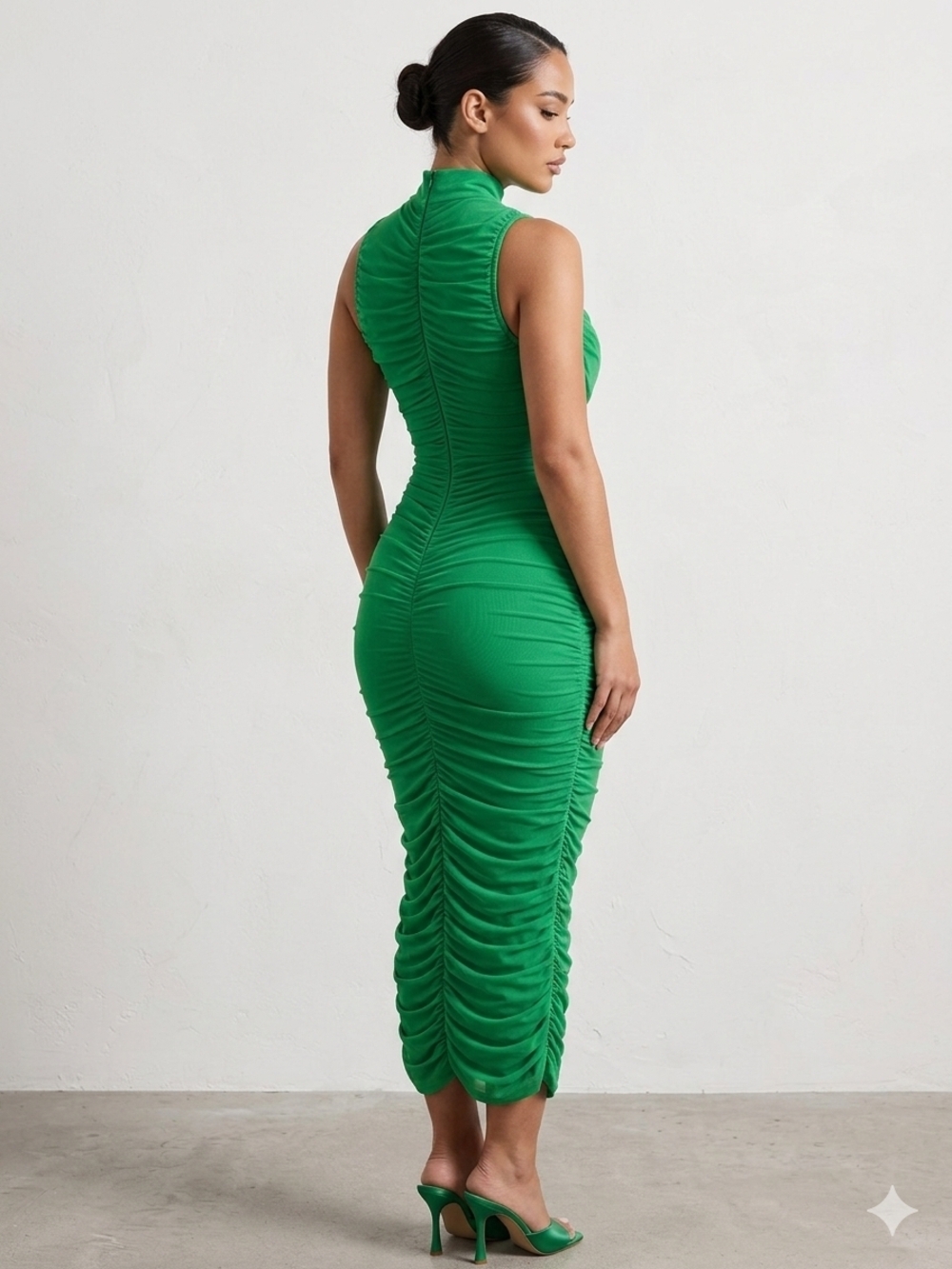 Sleeveless Ruched Green Midi Dress